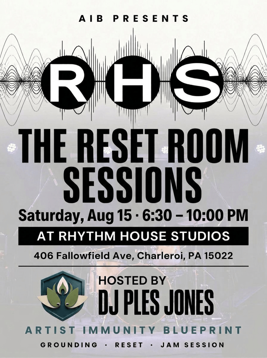 Event poster for RHS Reset Room Sessions on August 15, hosted by DJ Ples Jones at Rhythym House Studios, Charleroi.