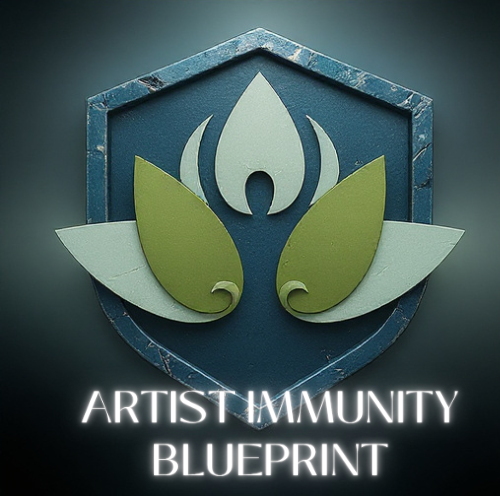 Logo with a shield, stylized lotus flower, and text reading 'ARTIST IMMUNITY BLUEPRINT'.