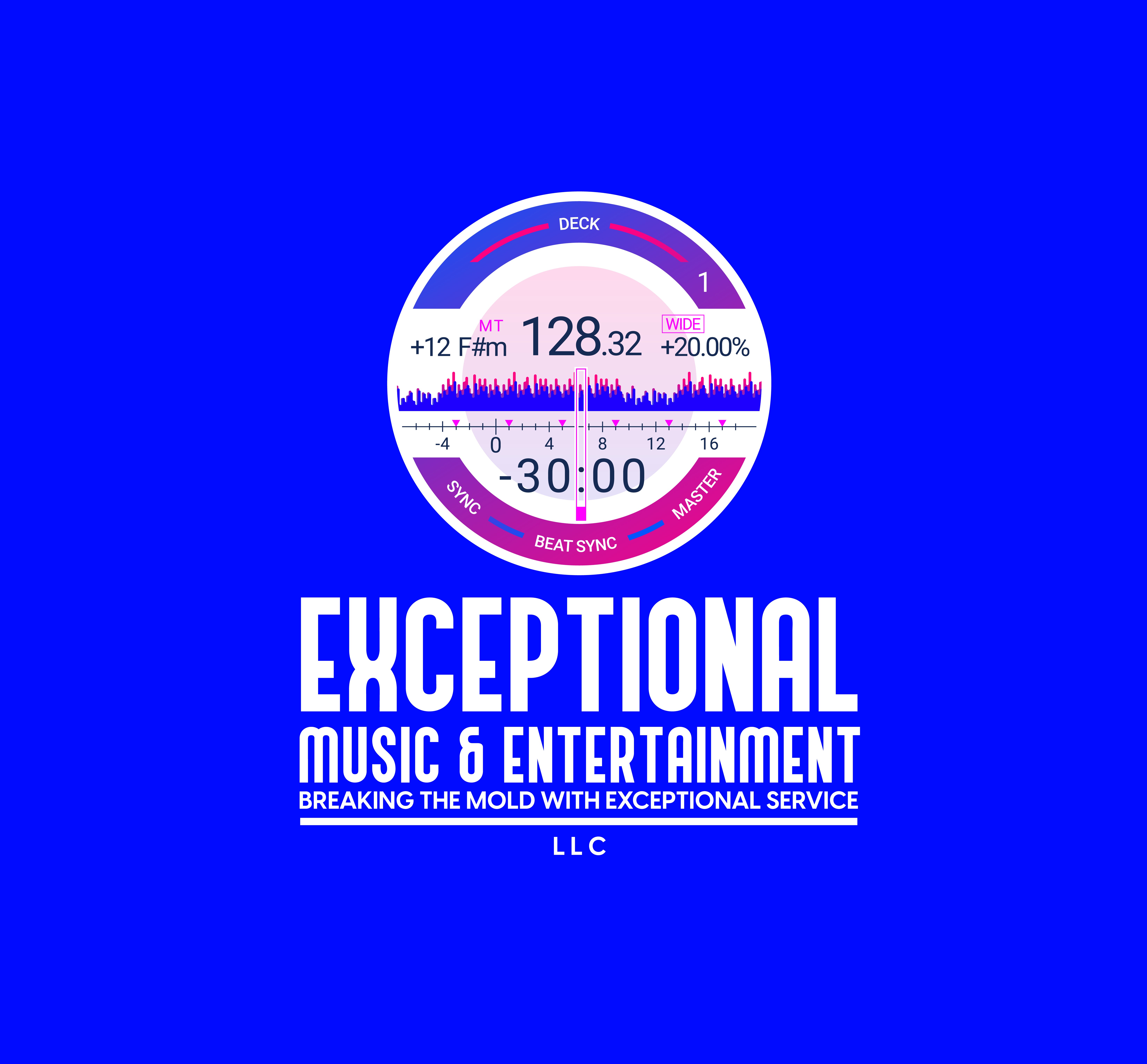 Blue background with a circular music-themed graphic and bold text reading 'EXCEPTIONAL MUSIC & ENTERTAINMENT'.