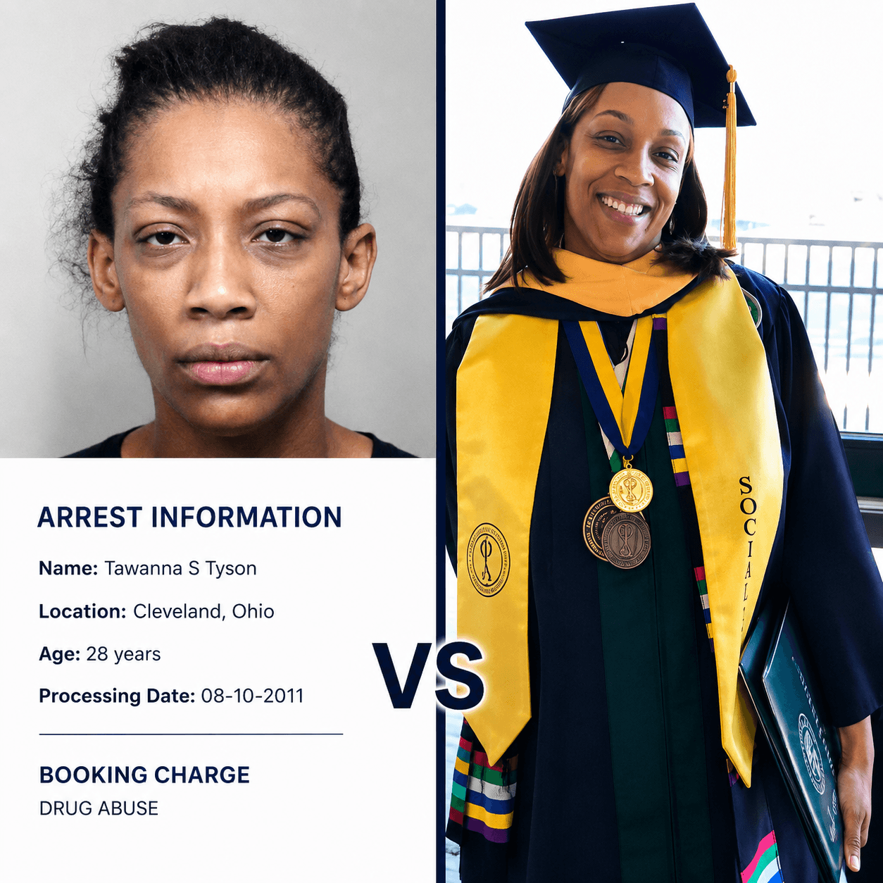 Comparison of a woman with a serious face and a woman in graduation attire smiling, holding a diploma, with a balcony in the background.