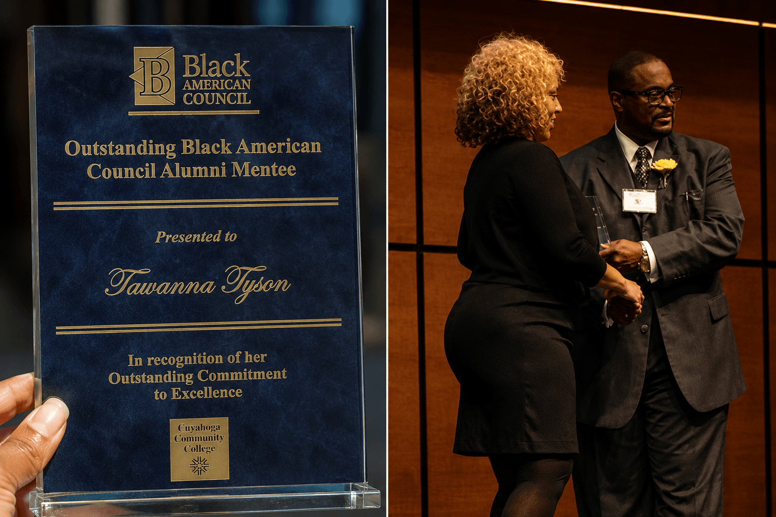 Person holding a blue award plaque with gold text, recognizing Tawanna Tyson for outstanding achievement, with two people shaking hands in the background.