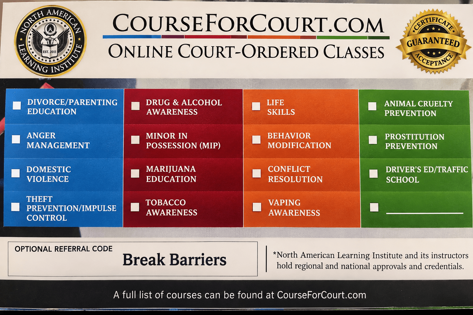 Course for court website banner with various online classes and topics listed, including divorce, anger, domestic violence, and more.