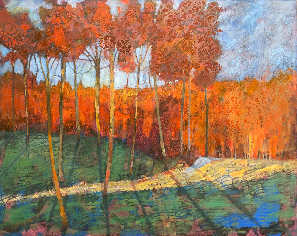 Colorful landscape with trees, orange and red foliage, green grass, and a blue sky, painted in an impressionistic style.
