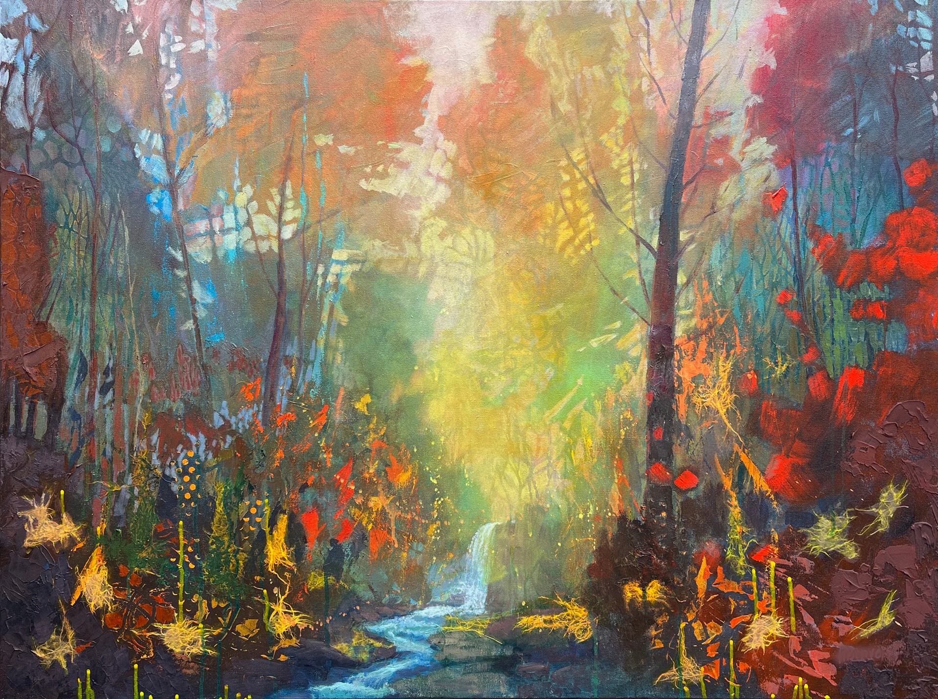 Colorful forest scene with trees, a stream, and vibrant autumn foliage, painted in an impressionistic style.