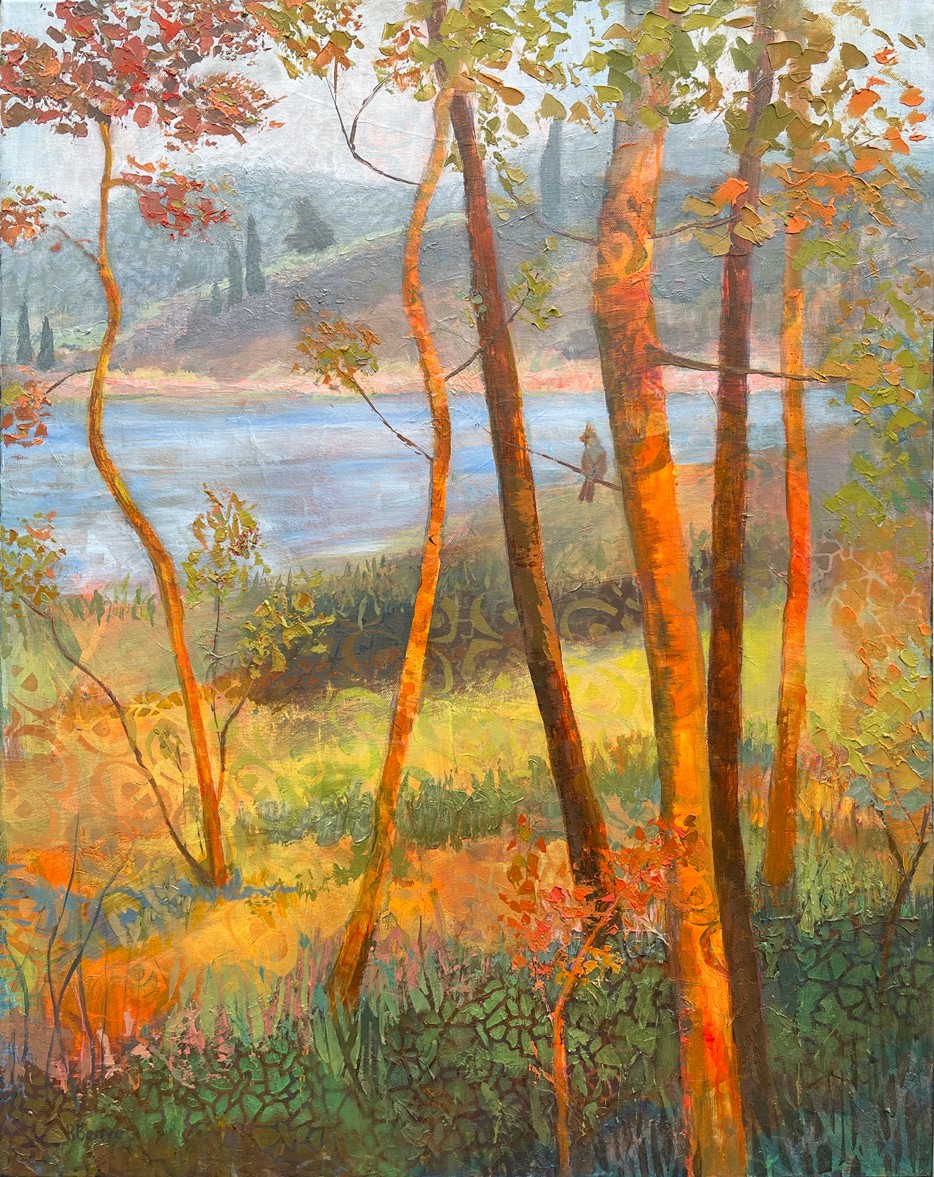 Landscape with trees, a river, and colorful foliage in warm tones, with a distant view of hills and sky.