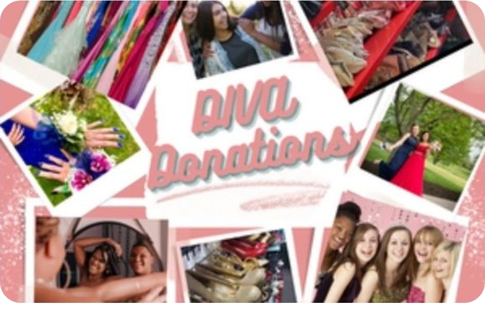 Collage of photos with a central pink sign reading 'Diva Donations' surrounded by people, flowers, and events.