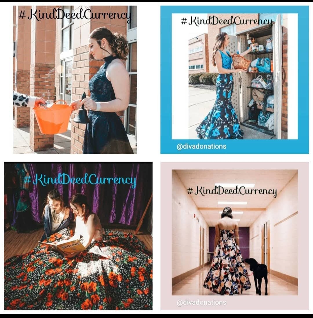 Woman with a mask holding an orange bucket outside a building. Woman in a blue dress at a donation stand. Two women in dresses at a table with flowers. Woman in a floral dress walking with a dog in a hallway.