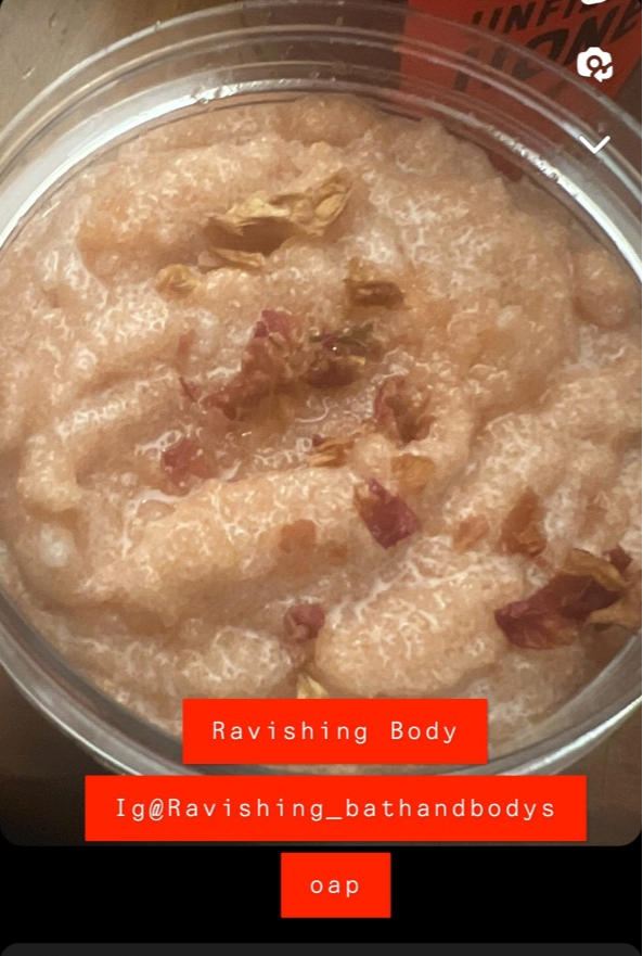 Close-up of a textured, beige-colored food in a clear container with some darker pieces, labeled with red text. Word count: 20
