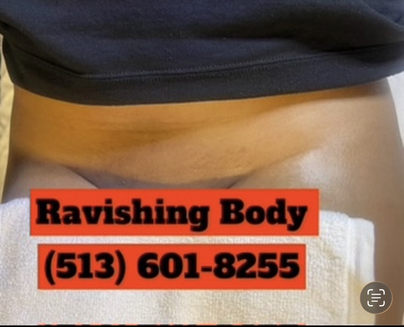 Close-up of a person's lower abdomen with a red banner displaying text and phone number.
