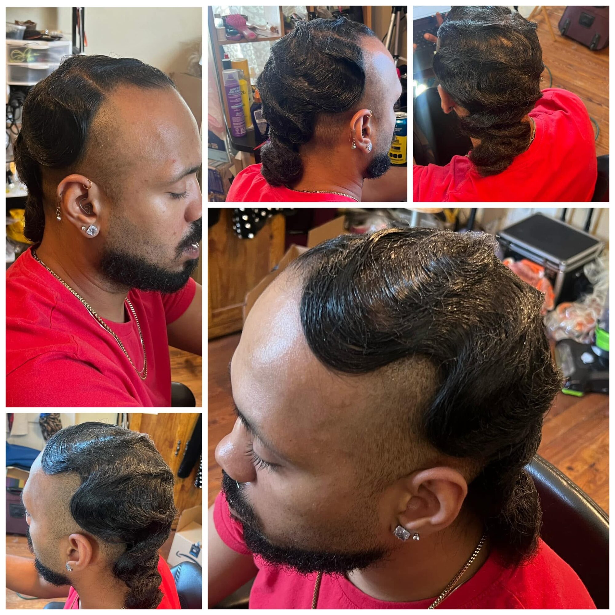Multiple views of a person with a hairstyle featuring shaved sides and long, textured top, wearing a red shirt.