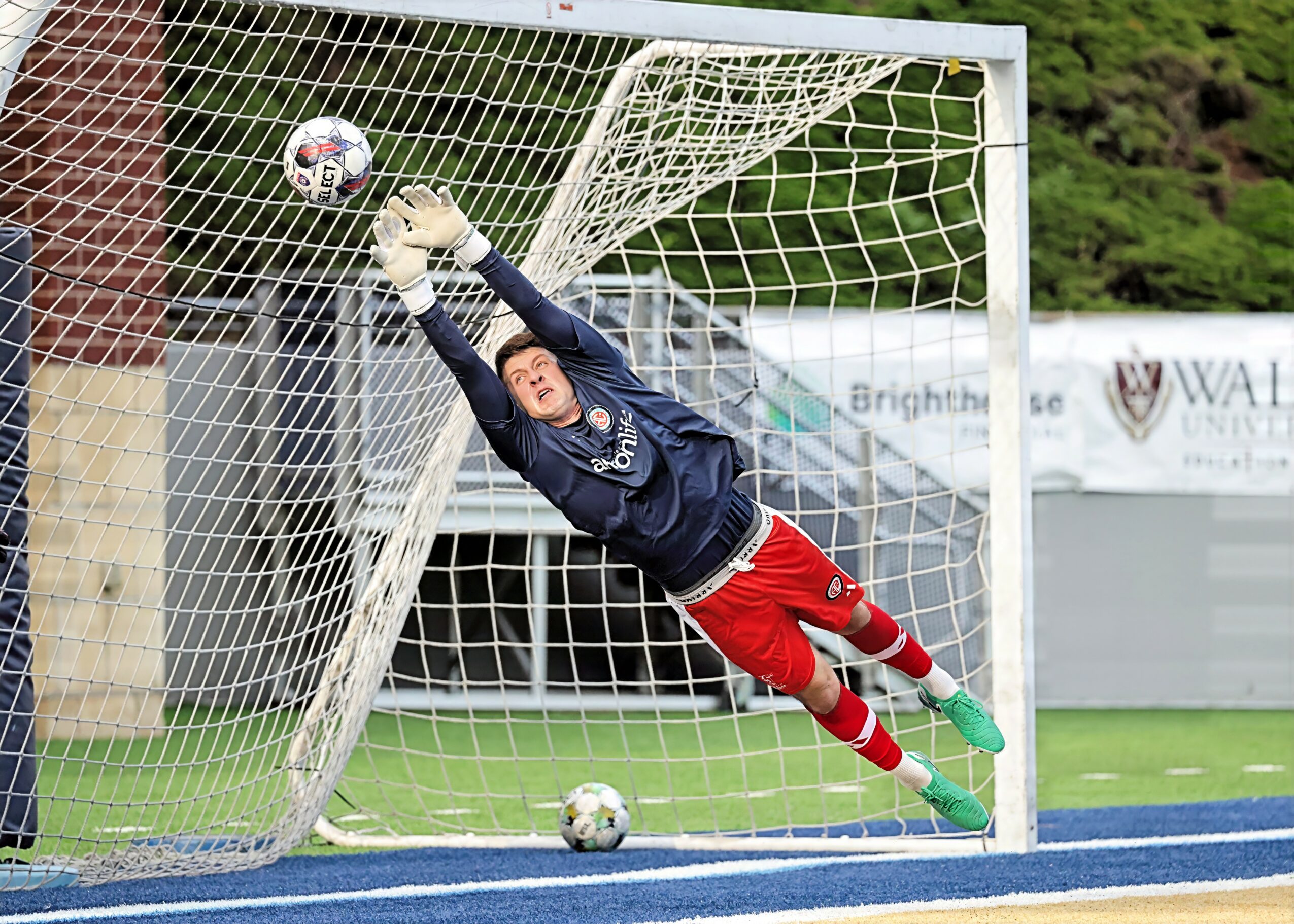 Soccer goalkeeper diving to save a ball in the goal, with a green field and trees in the background.