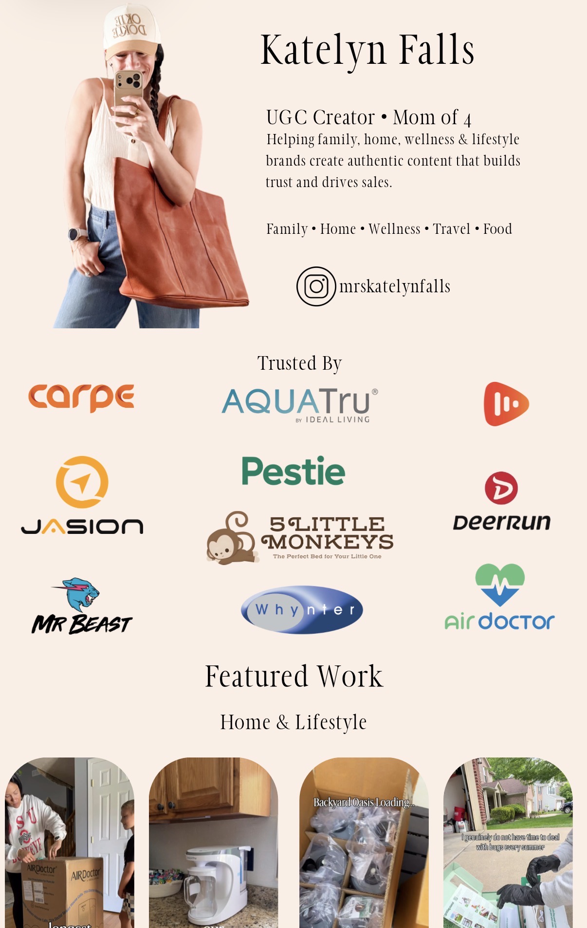 Business card with name, title, social media, and logos, featuring images of home and lifestyle products.
