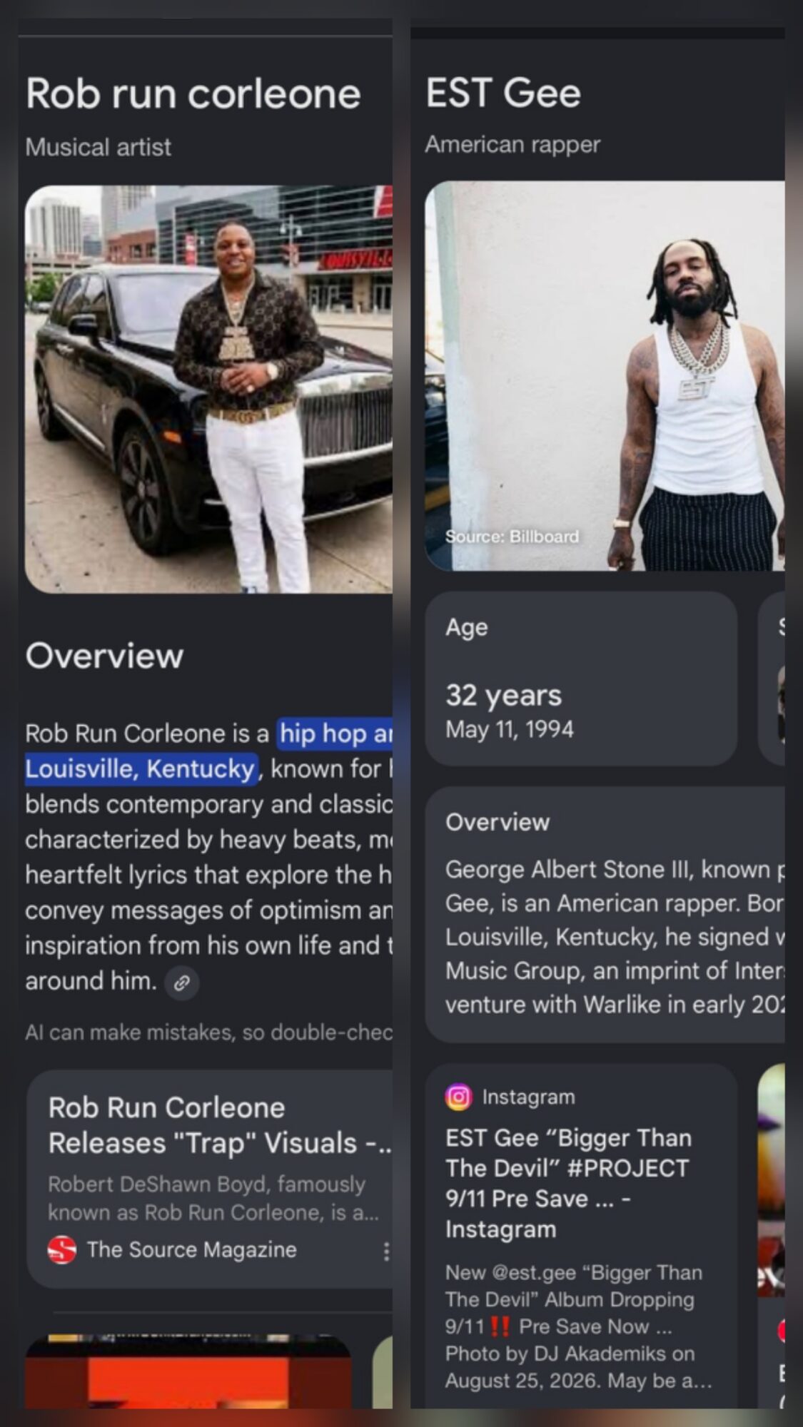 Two images of male musicians, one with a car, the other with a microphone, with text about their careers and backgrounds.