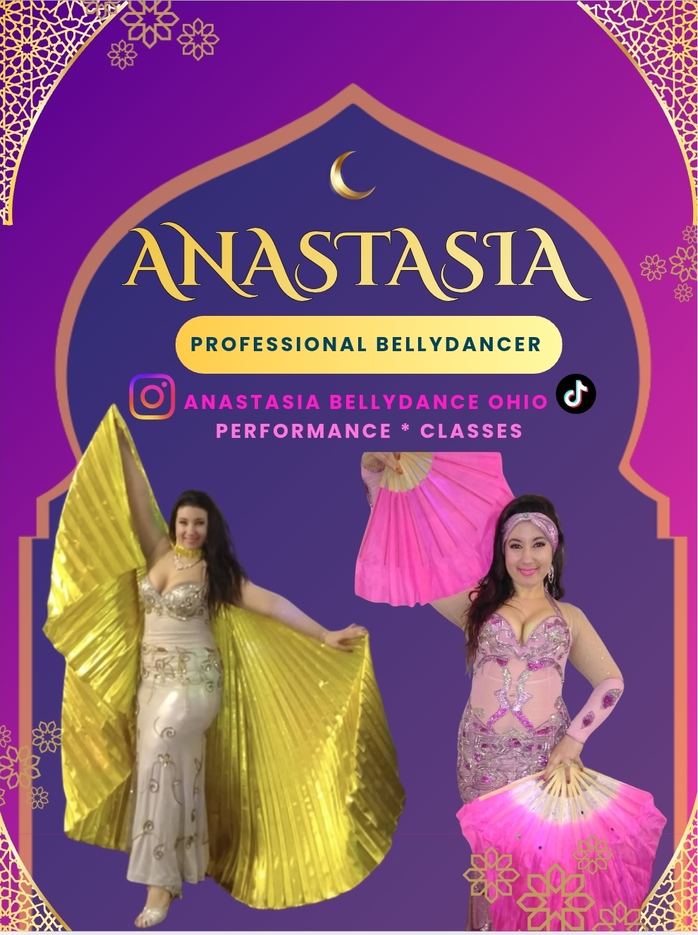 Promotional poster for Anastasia, a professional belly dancer, featuring two women in colorful costumes, with a purple background and decorative elements.