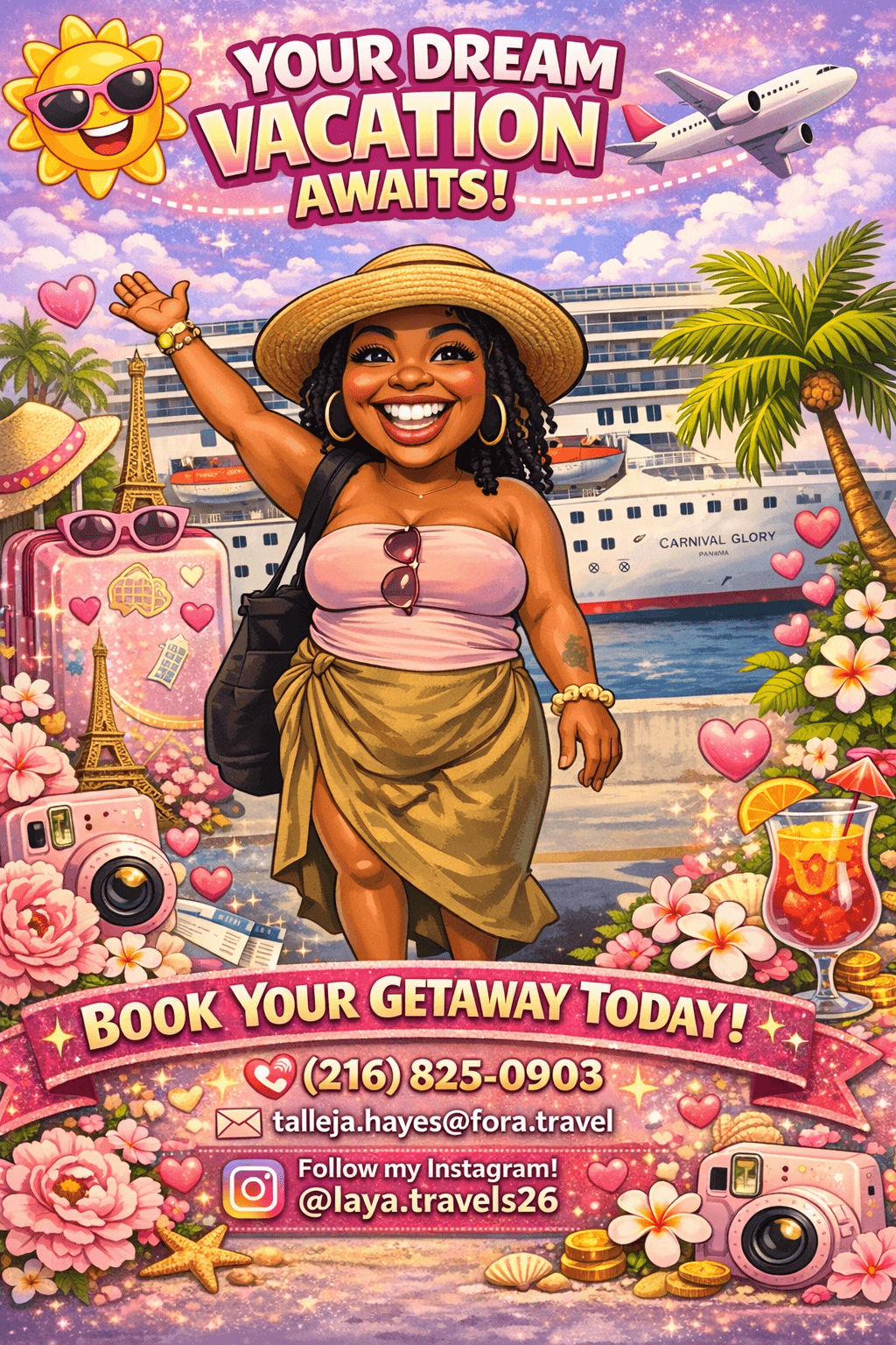 Smiling woman in hat and dress at a tropical port with cruise ship, palm trees, flowers, and travel-themed items.