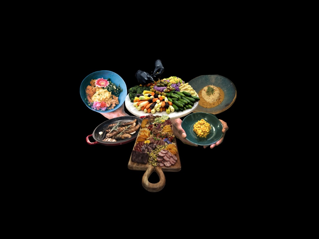 Assorted dishes and food items arranged on a dark background, including vegetables, meat, and prepared dishes.