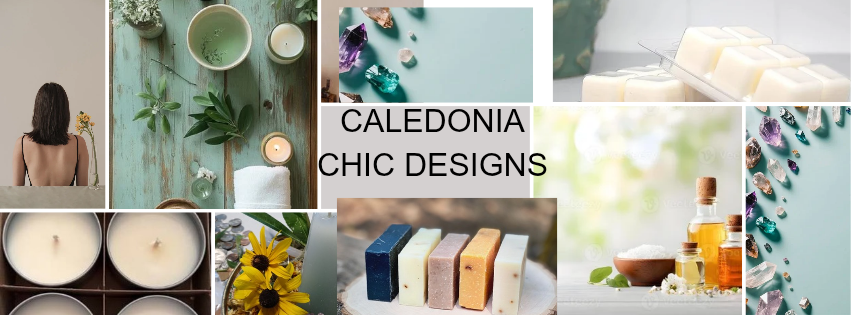 Collage of home decor items including candles, plants, soap, and textiles with text 'Caledonia Chic Designs'.