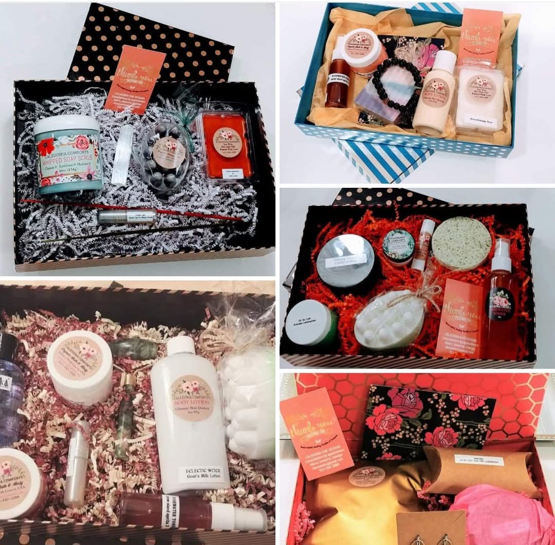 Collection of gift boxes with skincare and beauty products, including creams, bottles, and accessories, arranged in various boxes with decorative packaging.