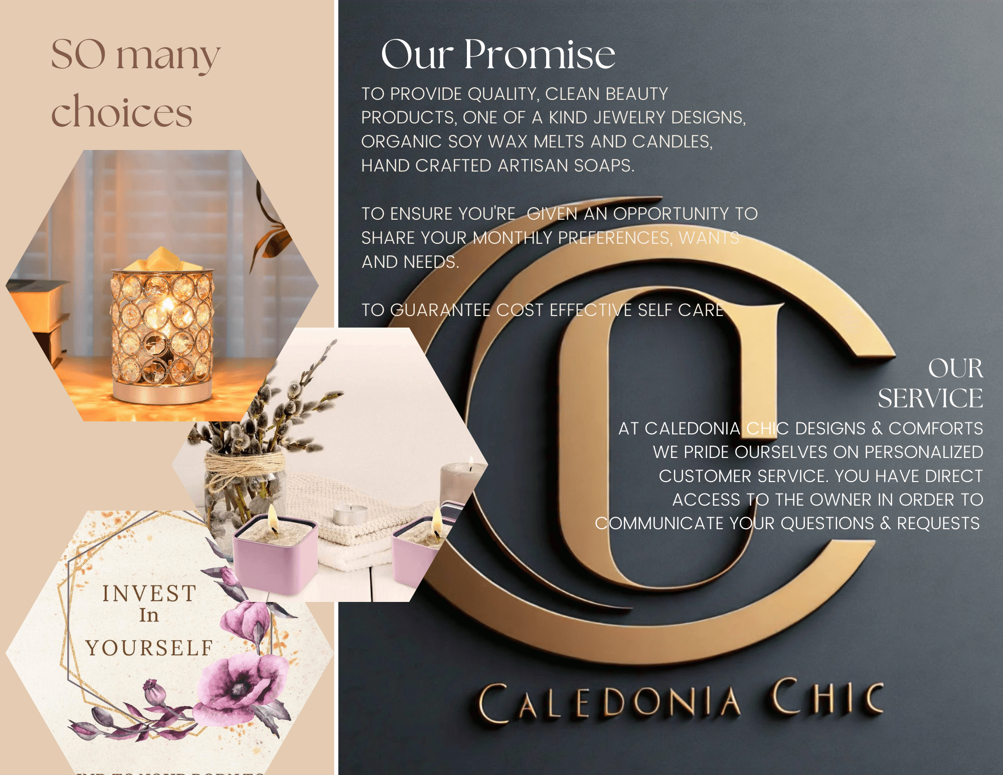 Brochure with text about choices, promise, and service, featuring a gold logo and floral design, on a desk with candles.