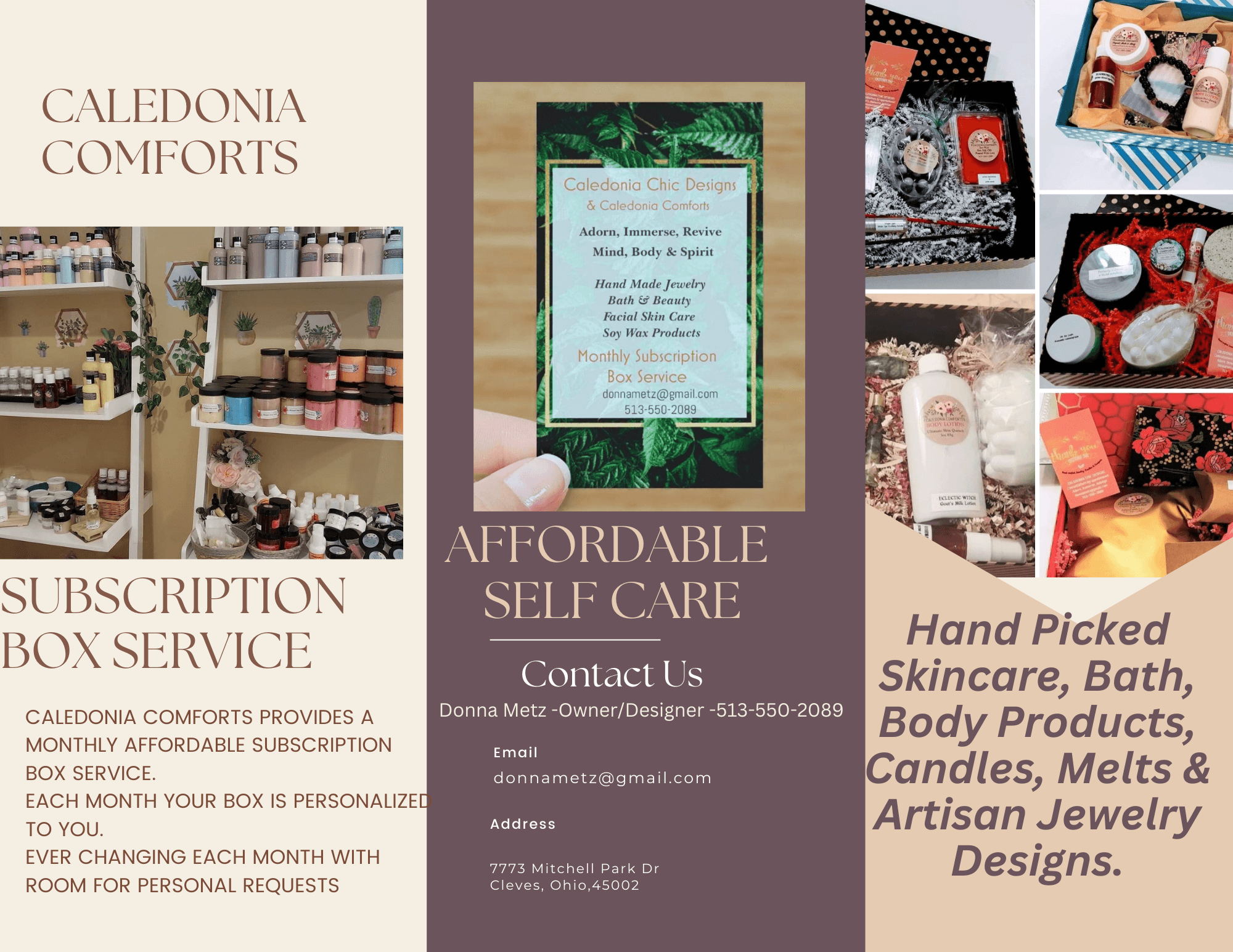 Display of skincare, bath, candle, jewelry, and art items with text about affordable self-care subscription box service.