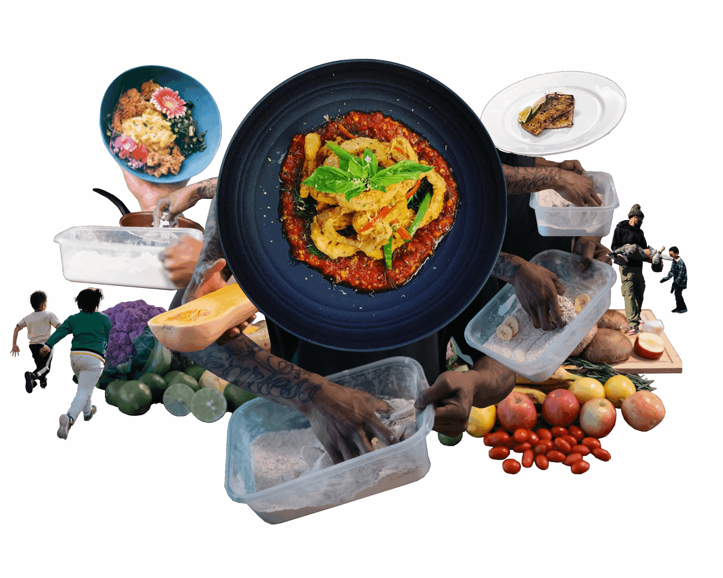 Central dish with vegetables, surrounded by hands holding food containers, vegetables, and small food items, against a black background.