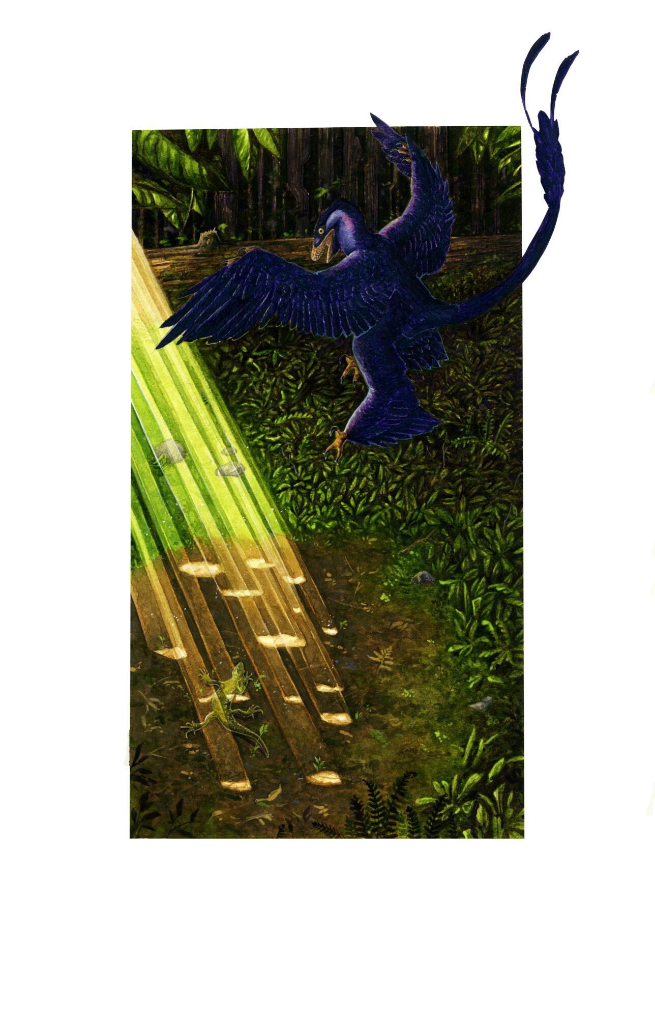 A blue bird with long legs and wings spread, flying in a lush green forest with sunlight filtering through trees.