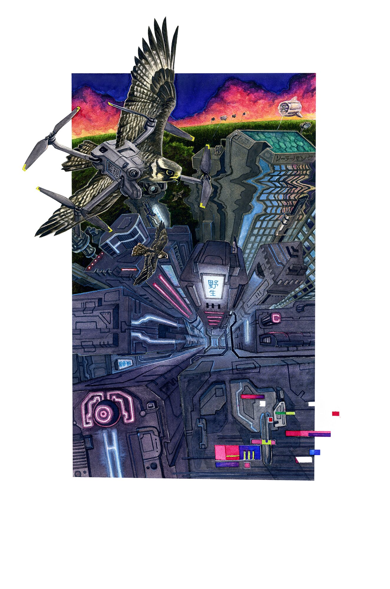 Futuristic cityscape with flying birds, neon lights, and a colorful sky, viewed from a high angle.