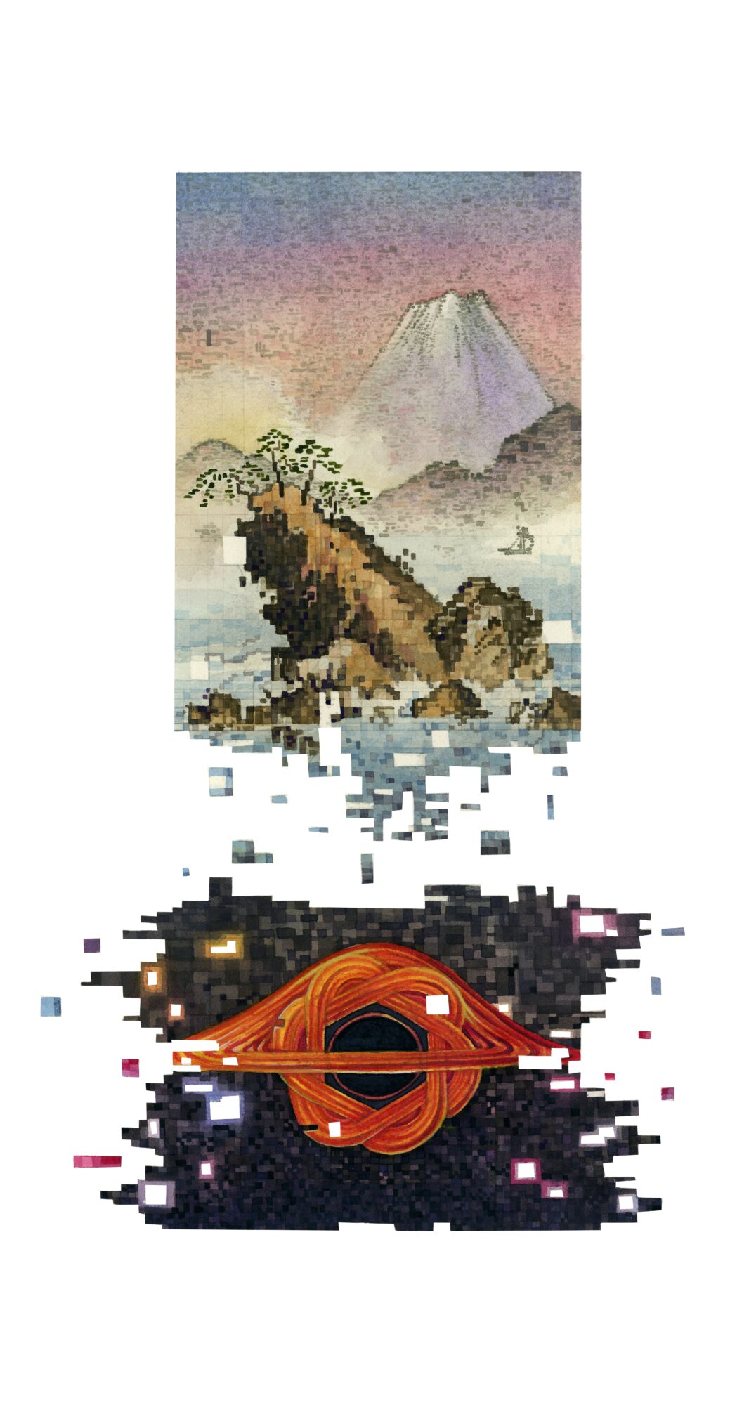 A pixelated landscape with a mountain, trees, and a body of water reflecting a red and black object, possibly a spaceship.