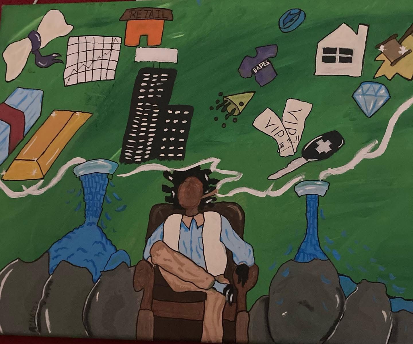 Person sitting with crossed arms surrounded by various objects, including buildings, a house, a diamond, and water flowing from two sources.