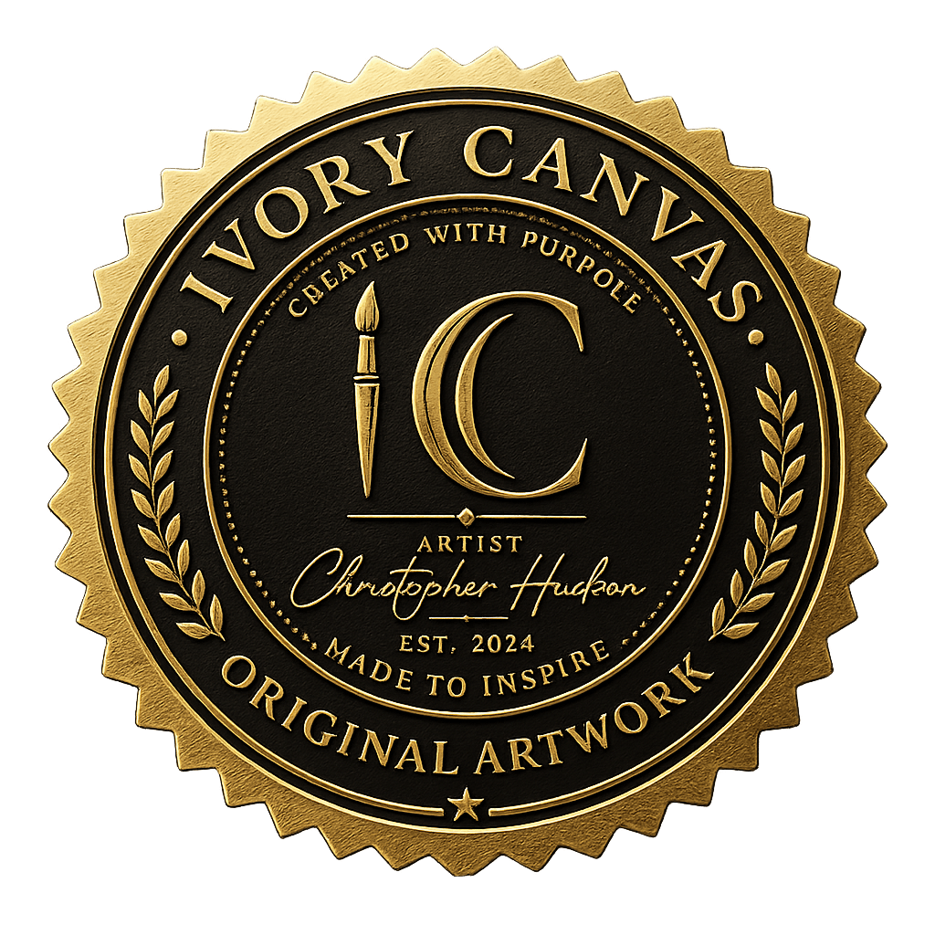 Gold and black circular emblem with text and symbols, including a paintbrush, crescent moon, and laurel branches, for Ivory Canvas. 20 words.