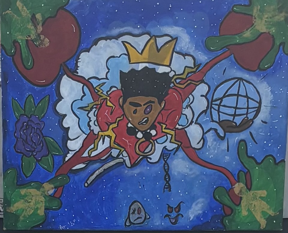 A cartoon character with a crown and red cape floats in space surrounded by planets, stars, and a globe.