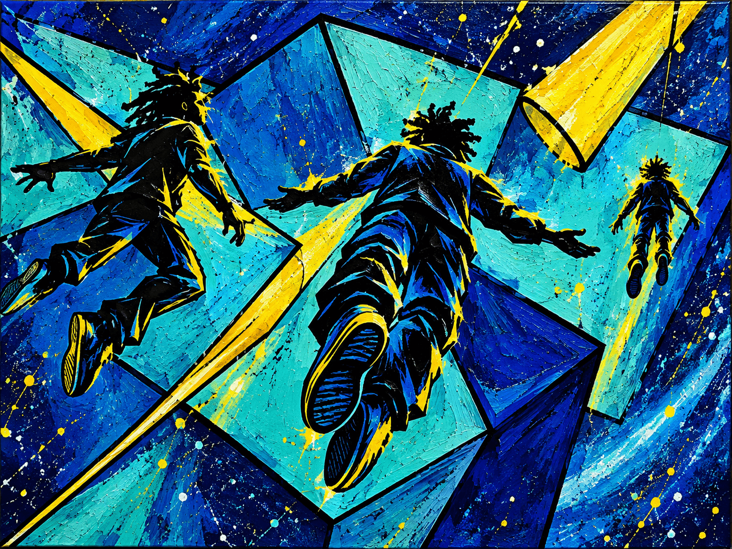 Three people appear to be floating or falling through a colorful, abstract space with geometric shapes and bright yellow beams.