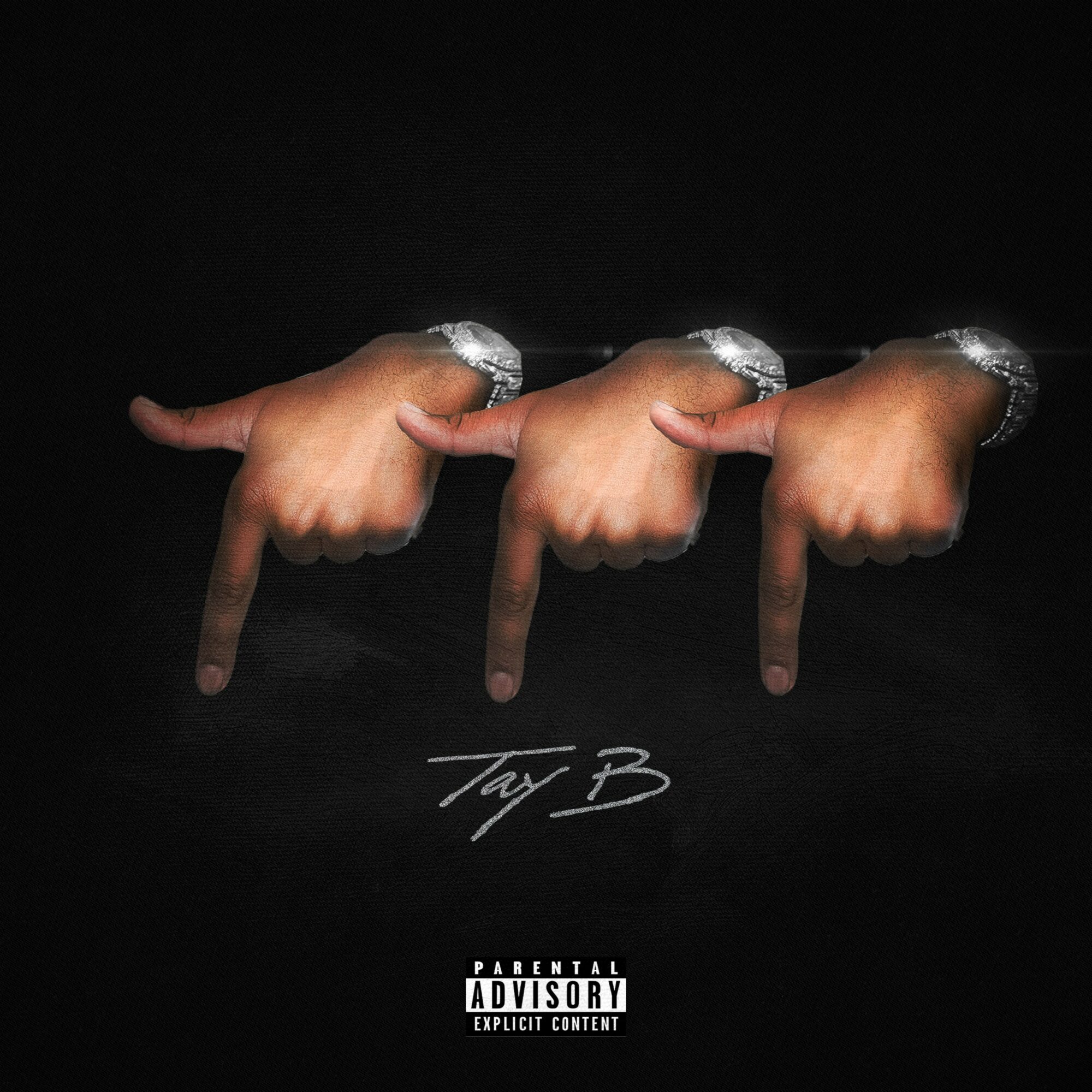 Three hands pointing downward with index fingers extended, against a black background, with text and parental advisory label.