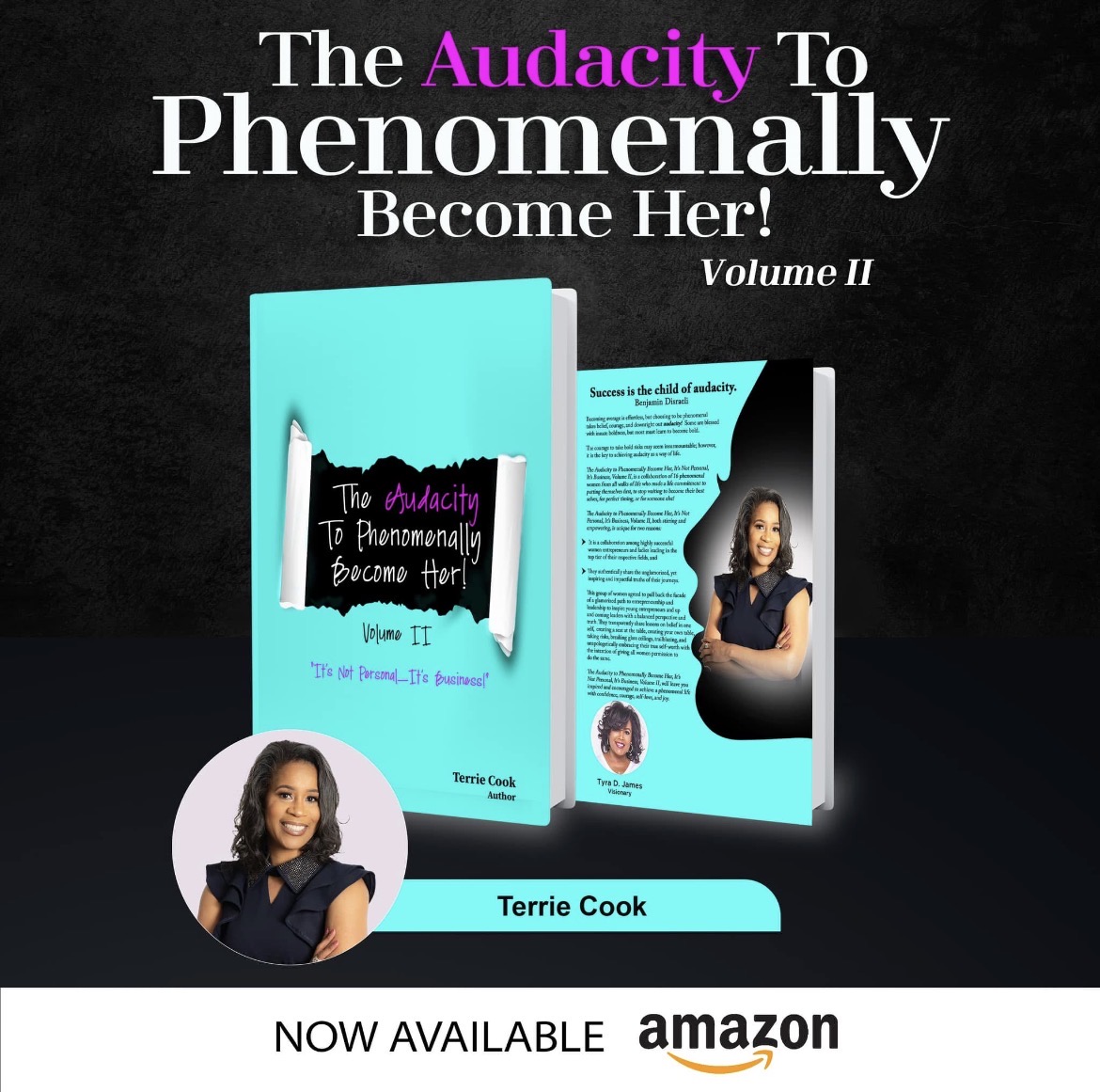 Book cover titled 'The Audacity To Phenomenally Become Her!' with a woman in a black top, and an open book showing text and a photo.