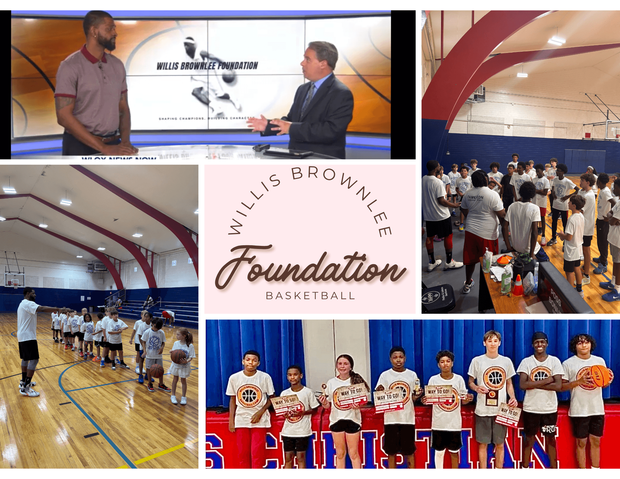 Group of people in a gymnasium, basketball players, and a presentation with a logo reading 'Willis Brownie Foundation Basketball'.