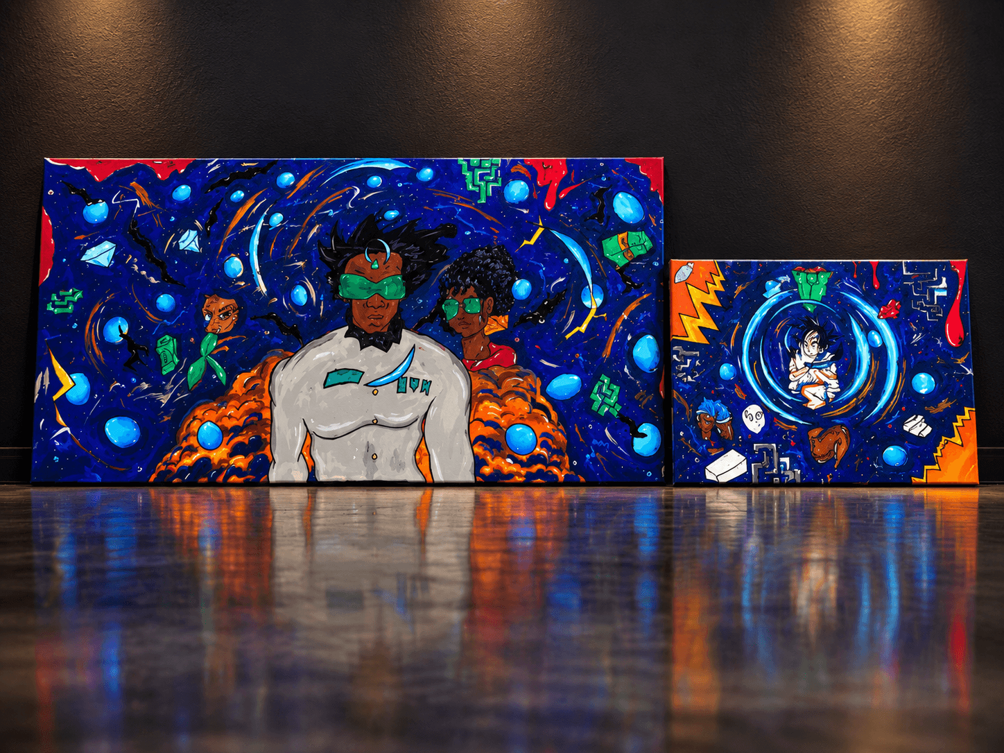Two colorful paintings on a dark wall, one large and one small, featuring abstract and cosmic themes with human figures.