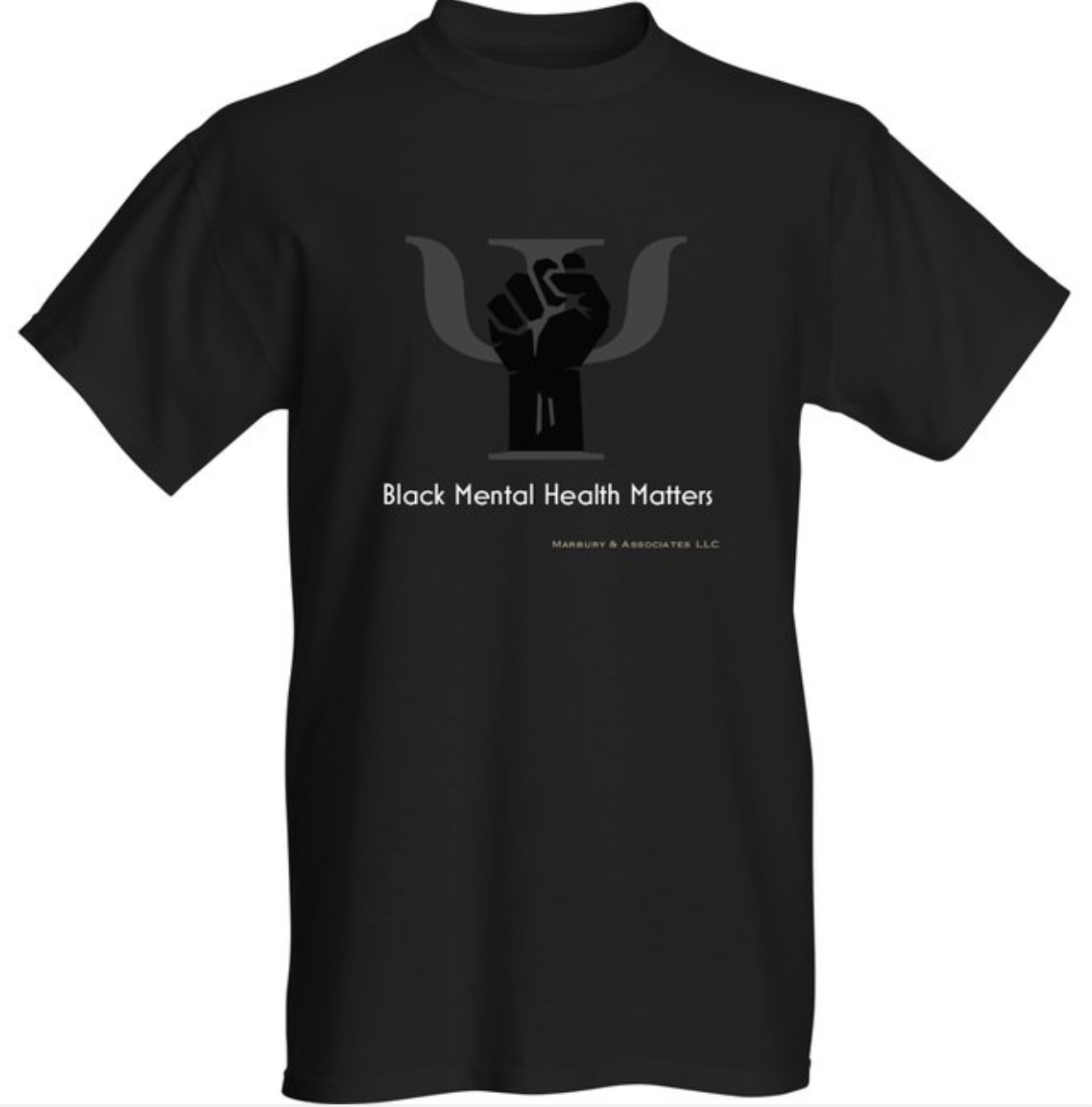 Black T-shirt with a raised fist inside a stylized bird, and text reading 'Black Mental Health Matters'.