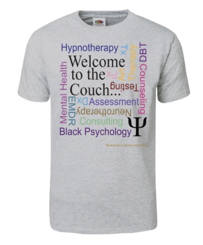 Gray T-shirt with words related to therapy, counseling, and psychology in various colors and fonts.