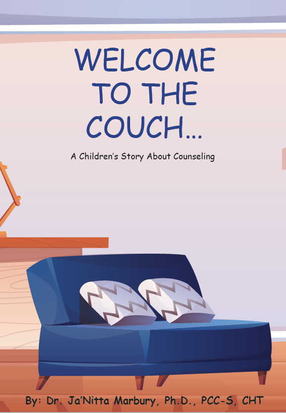 Book cover titled 'Welcome to the Couch...' with subtitle about children's counseling, showing a blue couch with pillows, and a wooden side table.