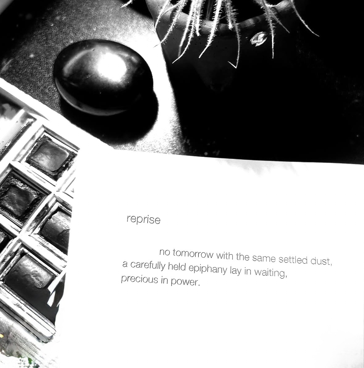 A black computer mouse, a palette of makeup, and a handwritten note on paper with a poem, in black and white.