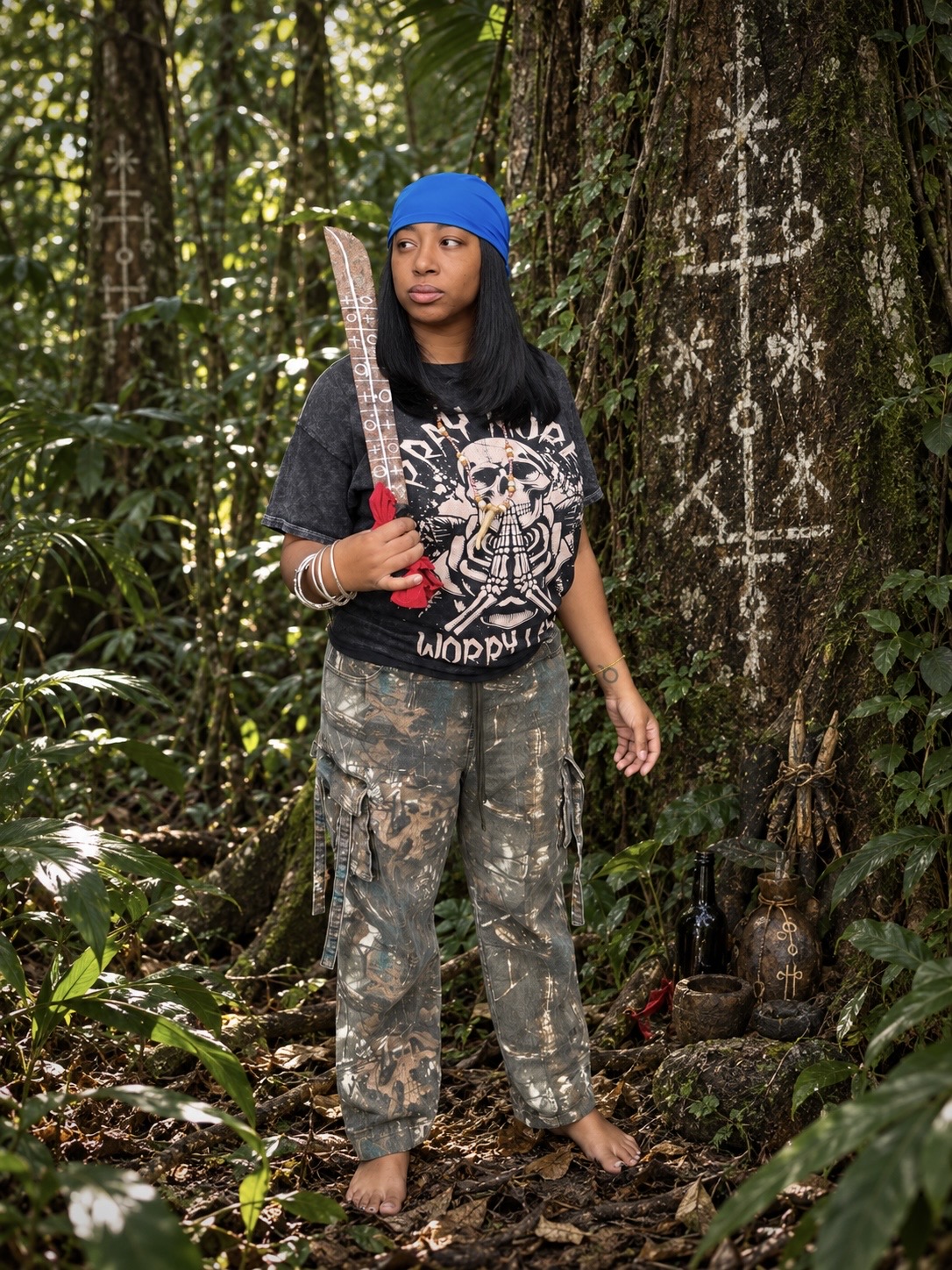 Young woman standing in a forest, holding a large knife, wearing a blue headscarf, black graphic t-shirt, and camouflage pants.