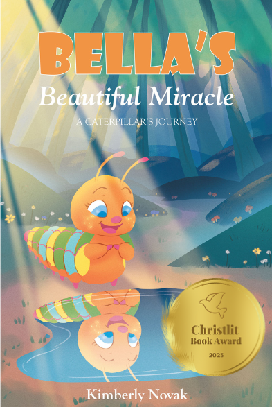 Cover of a children's book titled 'Bella's Beautiful Miracle' featuring a colorful caterpillar near a pond with trees in the background.