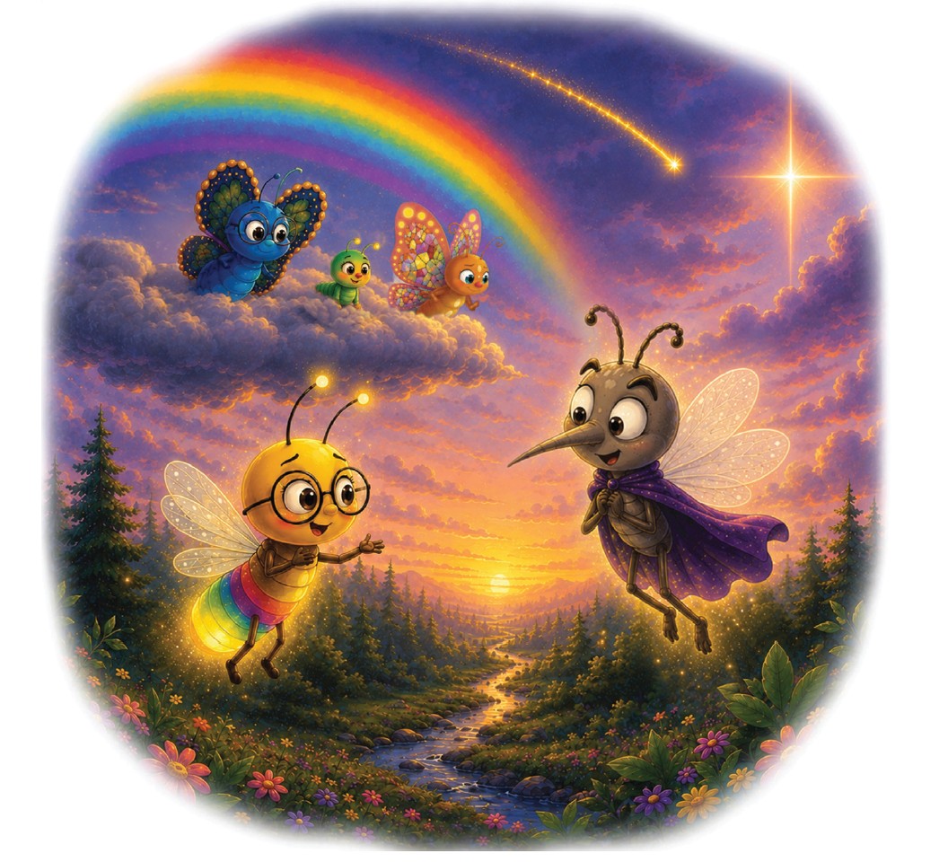 Colorful fantasy scene with flying insects, a rainbow, shooting star, and a sunset over a forest, featuring a bee and a butterfly.