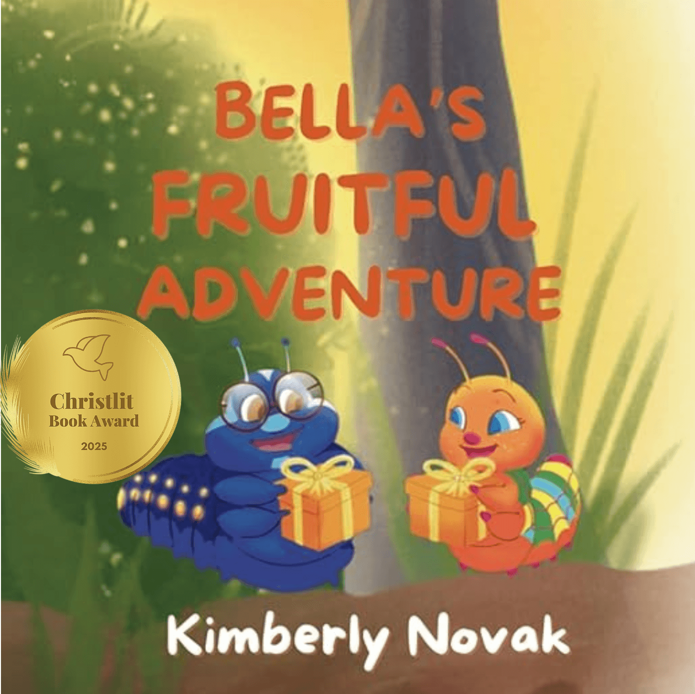Two cartoon insects holding gift boxes in a forest setting, with colorful text and a gold award badge.