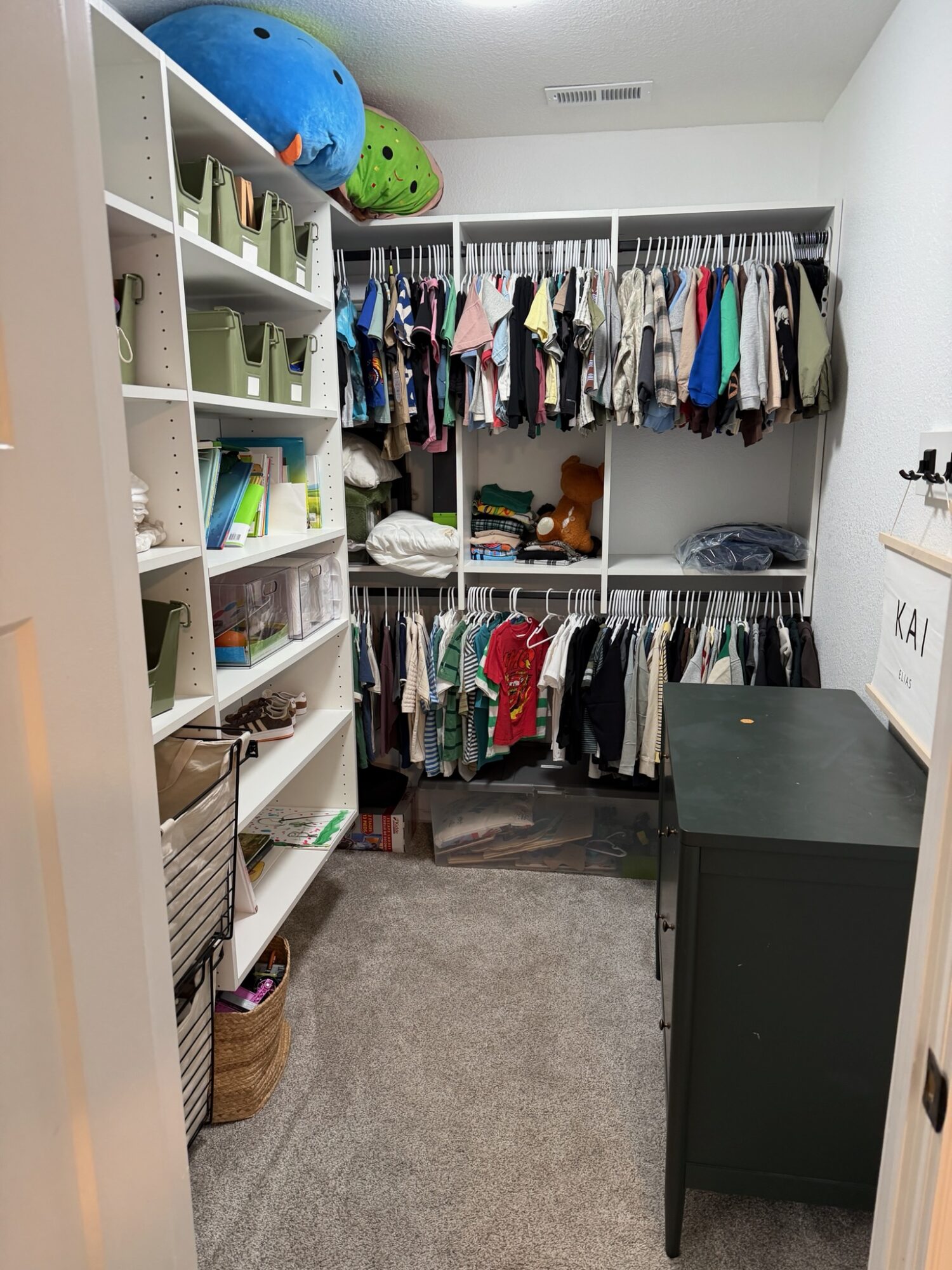 Closet with hanging clothes, shelves with storage bins, and plush toys on top, viewed from doorway.