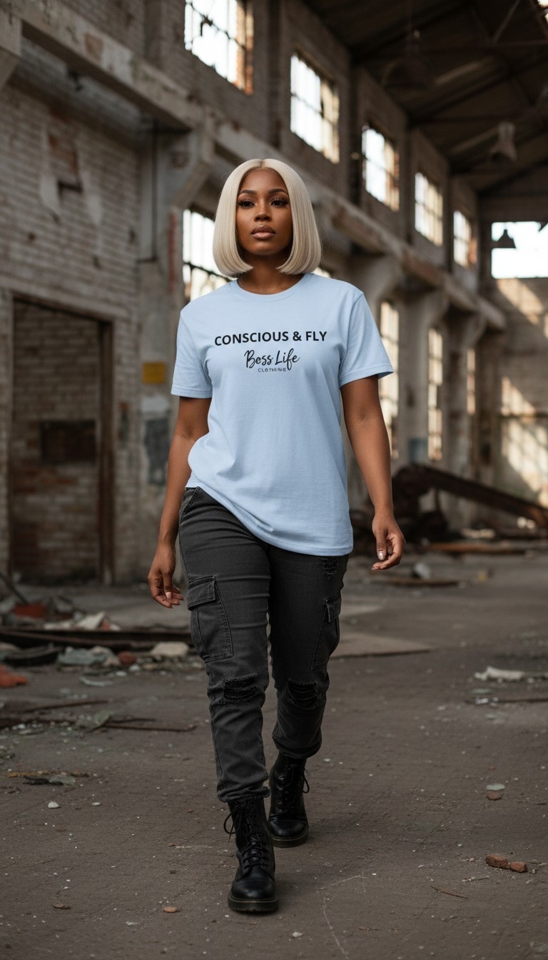 Woman with blonde bob hairstyle walking in an abandoned industrial building, wearing a light blue T-shirt and black pants.