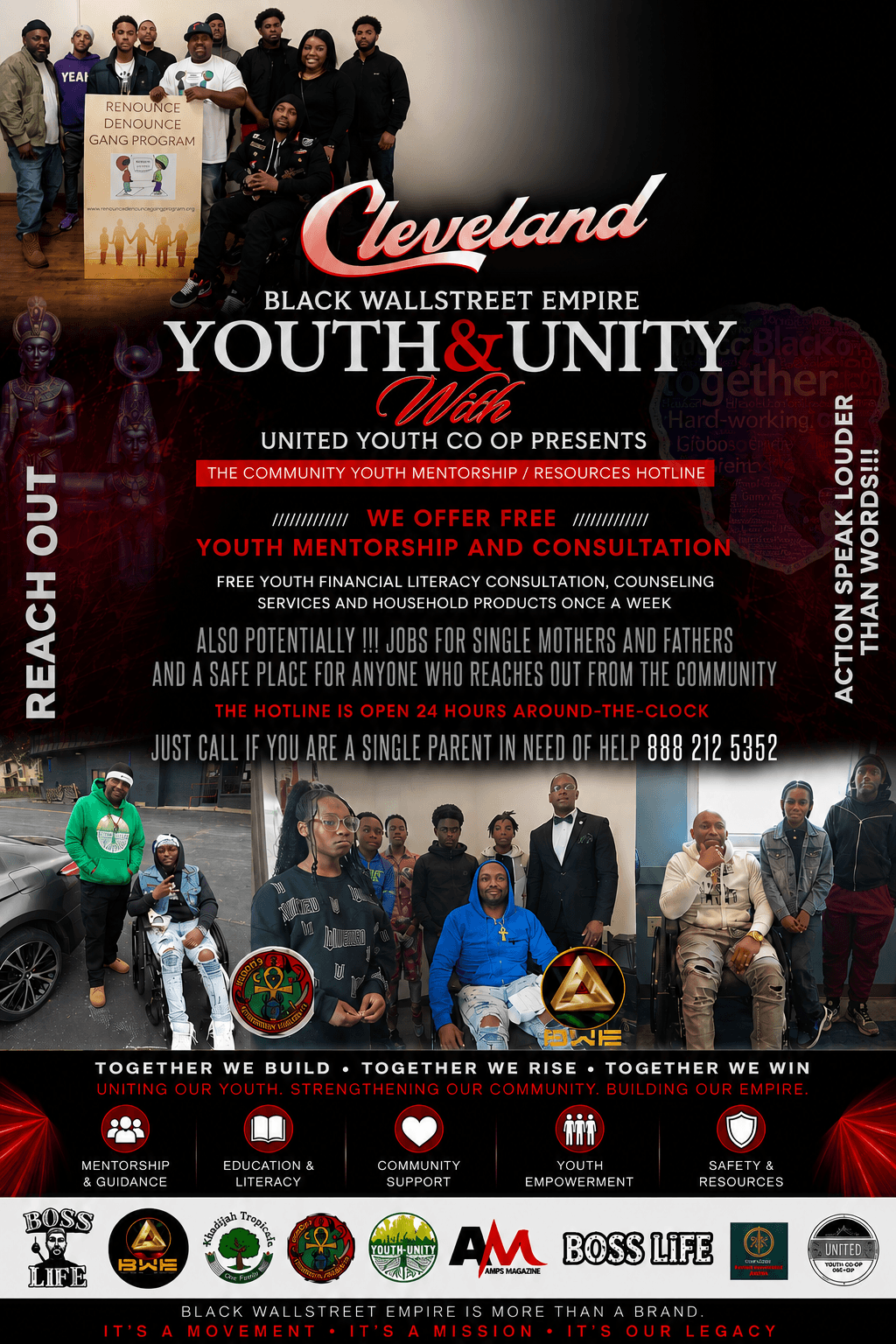 Group of people standing behind a banner with Cleveland and youth unity text, with cars and a person in a green hoodie in front.