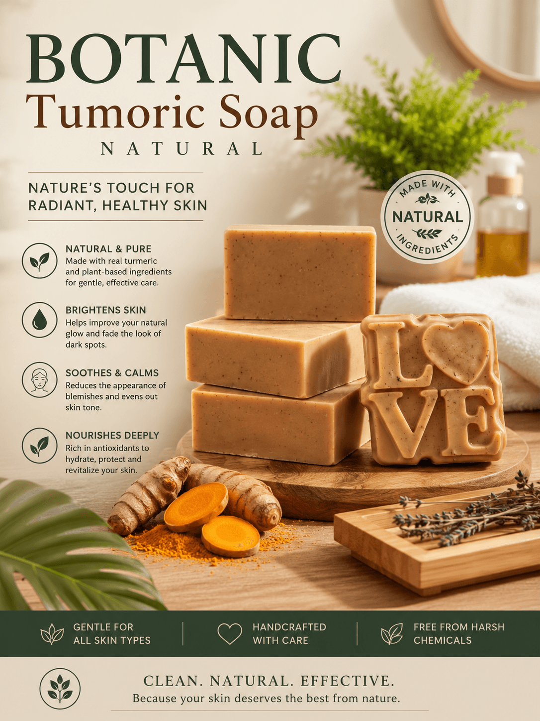 Stack of soap bars with a carved soap block spelling 'LOVE', surrounded by natural ingredients and green plants.