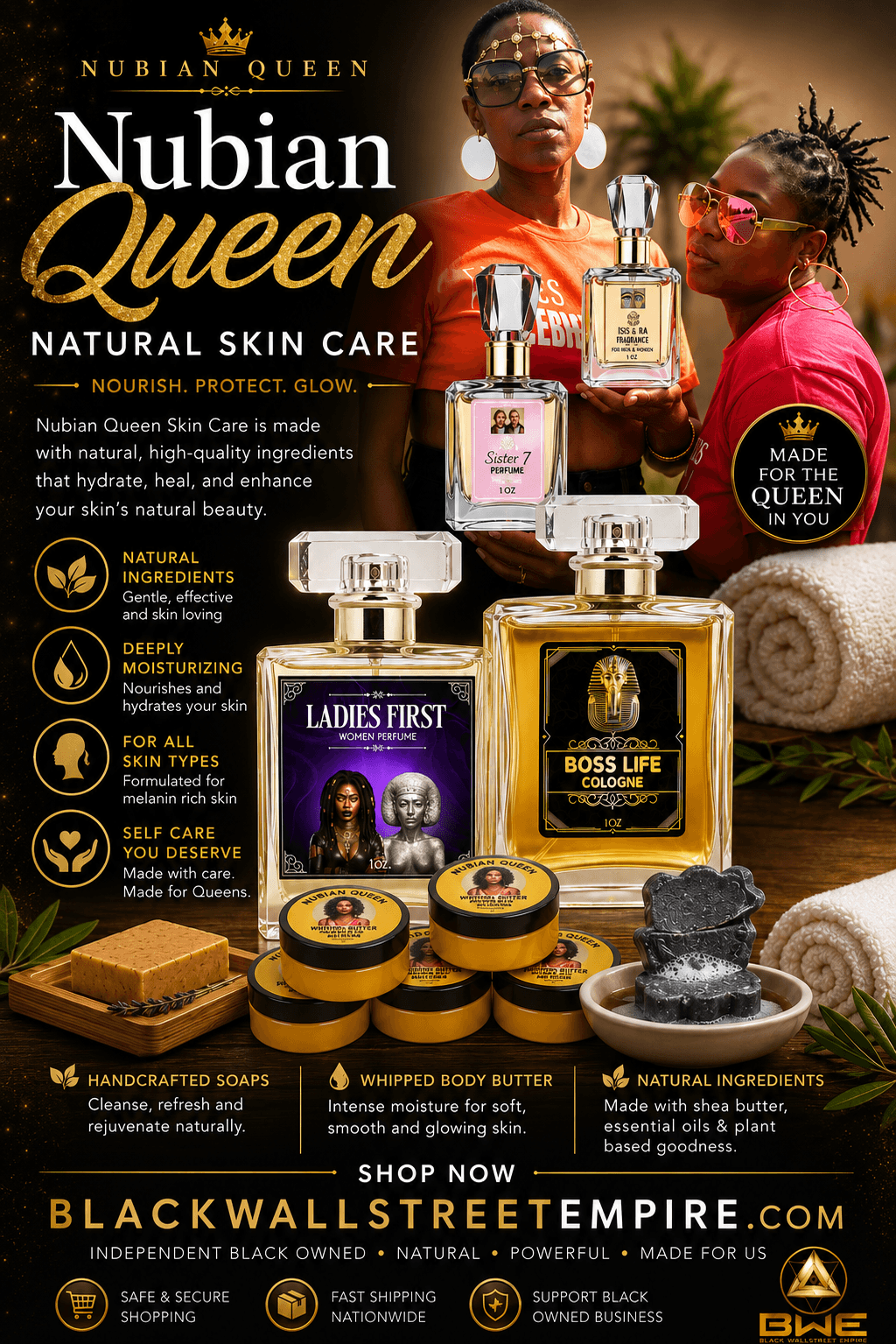 Nubian Queen skincare product display with a woman in sunglasses and a headwrap, various soap and lotion bottles, and a black background.