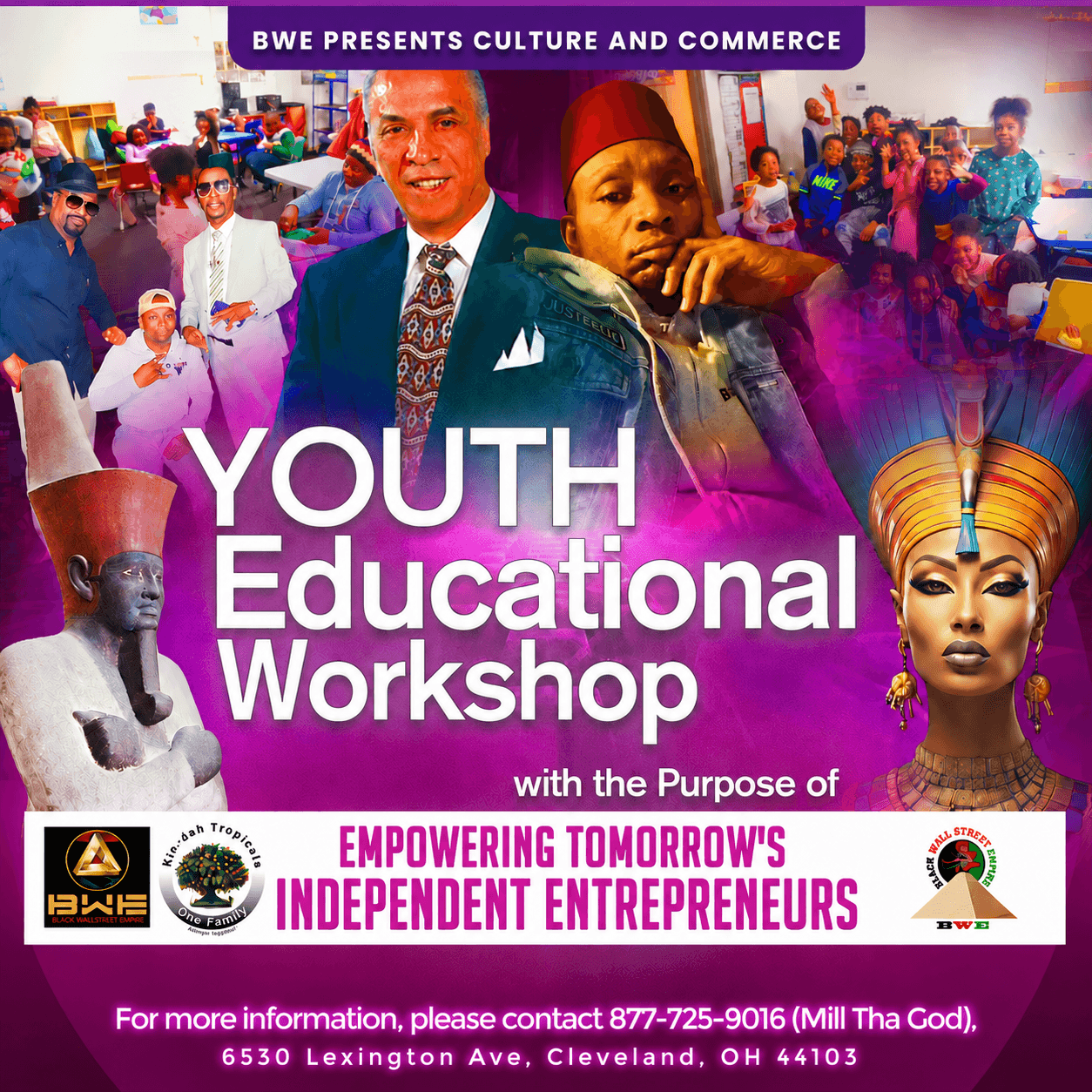 Poster for youth educational workshop with diverse people, text about empowering entrepreneurs, and logos at the bottom.
